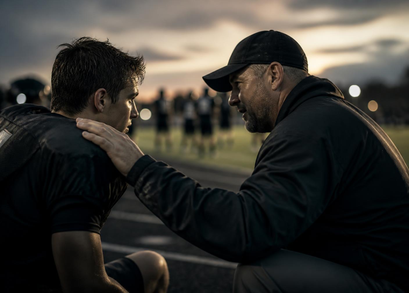A coach speaking quietly with a player on the sideline