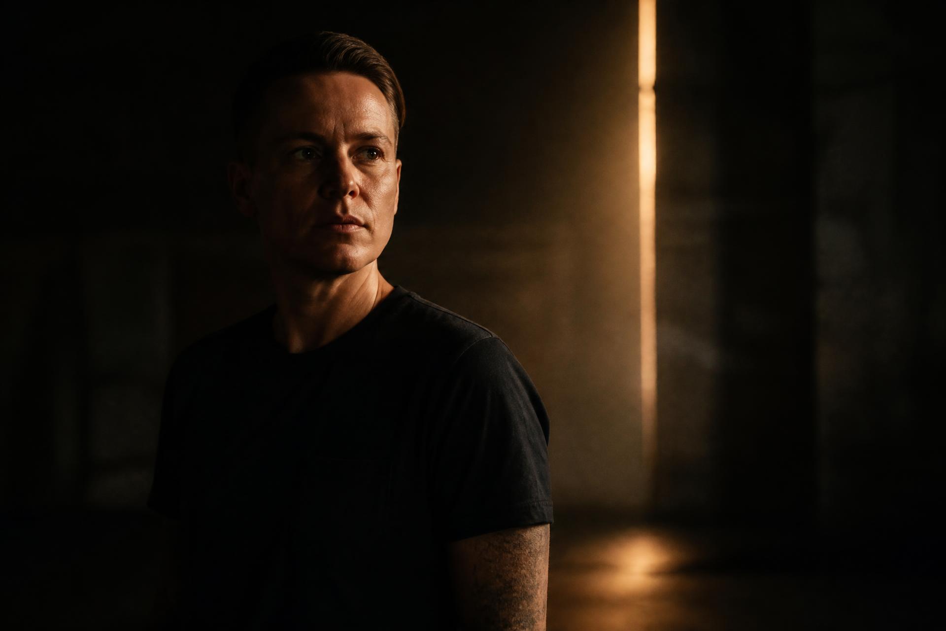 A person standing in low warm light, composed and thinking